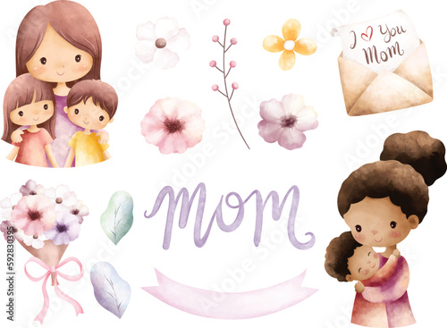 Watercolor illustration set of Mothers day clipart