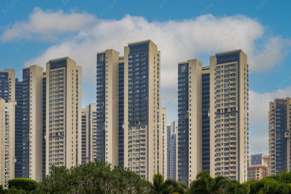Close-up of modern high-rise residential buildings in the city