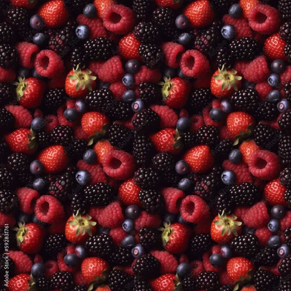 Seamless pattern texture, Harvest healthy berries raspberries strawberries blueberries and blackberries. AI generation Seamless pattern texture, Harvest healthy berries raspberries strawberries blueberries and blackberries. AI generation