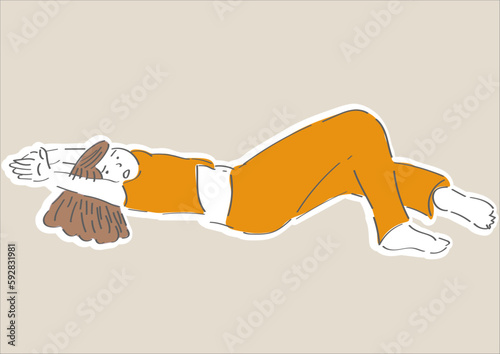 寝転がってエクササイズをしている女性の手描きイラスト