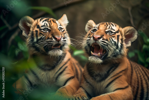 Sweet tiger cubs portraits in a jungle