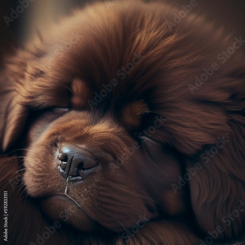 Portrait of beautiful brown fluffy puppy sleeping. Close-up head shot.