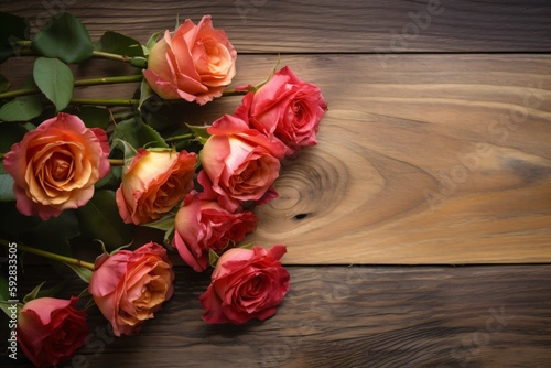 Close-up of blooming roses on a wooden background