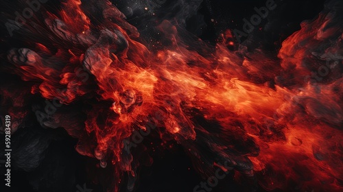 Black red abstract background. Toned fiery red sky. Flame and smoke effect. Fire background with space for design. Armageddon, apocalypse, spooky, halloween, inferno, hell, evil concept. Wide banner