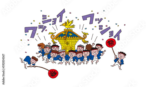 男性たちが『神輿』を担いでいるかわいい手描きイラスト