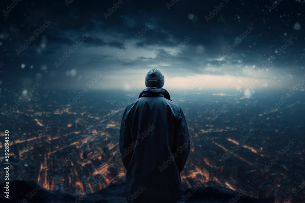 Rear view of lonely pensive unrecognizable man in hat and jacket standing on cliff against backdrop of night city and looking at glowing urban. Generative AI Rear view of lonely pensive unrecognizable man in hat and jacket standing on cliff against backdrop of night city and looking at glowing urban. Generative AI