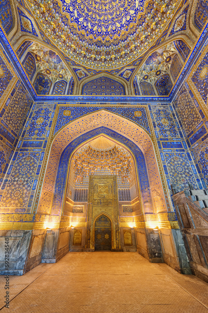 Inside view of the Tilya-Kori Mosque (Tilla-Kari) in Samarkand