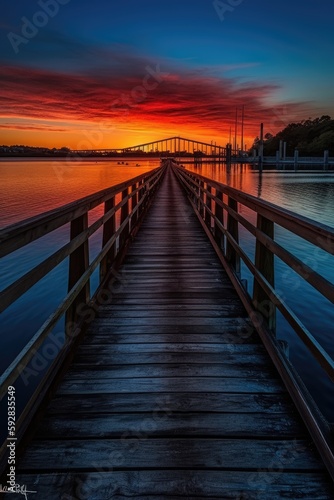 Wooden plank walkway leading to a beautiful sunset on the lake. Generative Ai. © Kowit