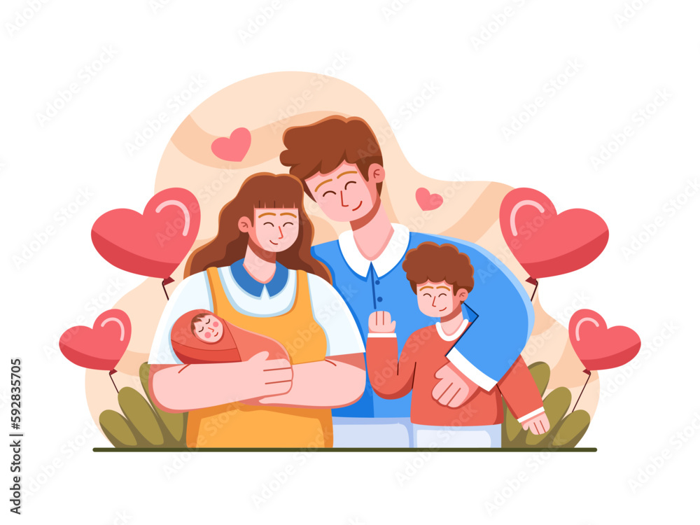 A vector illustration of a loving family of four, with a father, mother, son, and baby. The mother is holding the baby while the father embraces his wife and son.
Perfect for card, web, banner, etc A vector illustration of a loving family of four, with a father, mother, son, and baby. The mother is holding the baby while the father embraces his wife and son.
Perfect for card, web, banner, etc