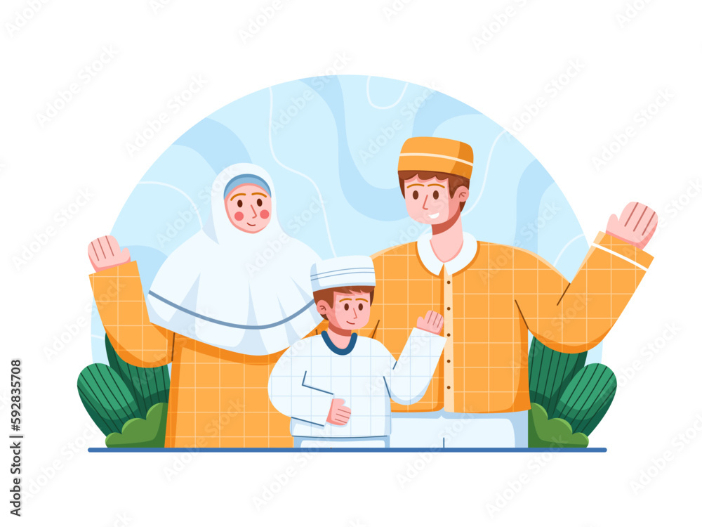 Vector illustration o Islamic family dressed in traditional Islamic attire, including father, mother, and their children. Happy muslim family.
Perfect for projects related to family, culture, religion