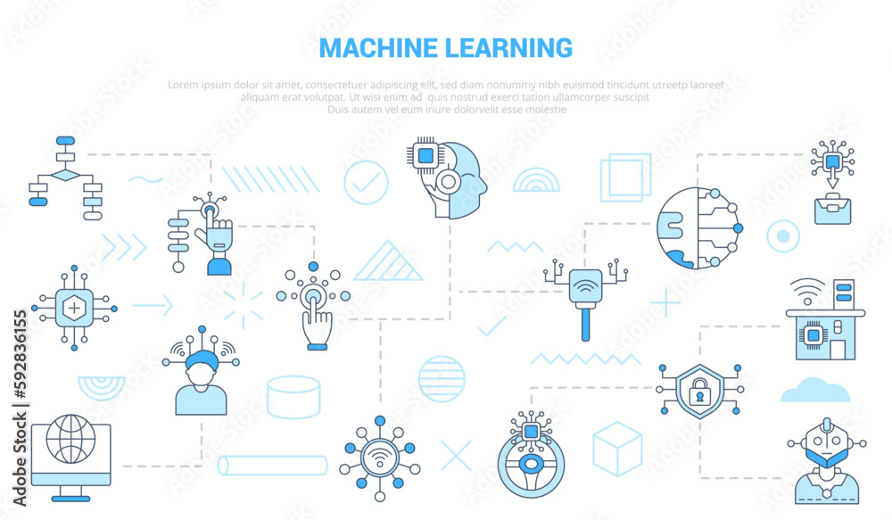 machine learning concept with icon set template banner with modern blue color style machine learning concept with icon set template banner with modern blue color style