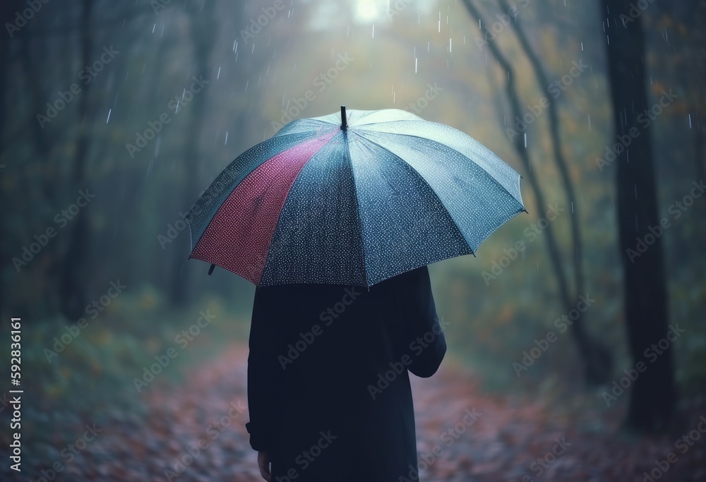 Woman standing with an umbrella on the road in the park in autumn rainy day. Generative Ai.