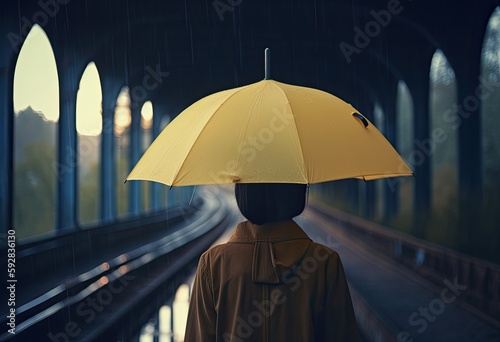 Woman standing with yellow umbrella on the road in rainy day. Generative Ai.