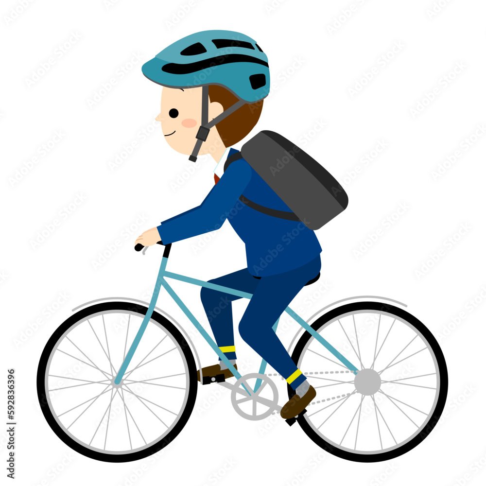 ヘルメットを被り自転車に乗るスーツを着た男性 ヘルメットを被り自転車に乗るスーツを着た男性