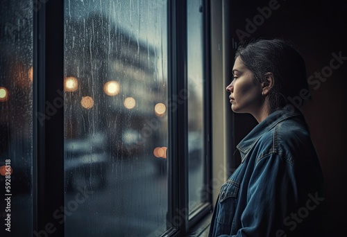Beautiful women standing at the window watching the rain. Generative Ai.