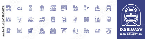 Railway line icon collection. Editable stroke. Vector illustration. Containing high speed train, bullet train, train, metro, funicular, turnstile, draisine, traffic light, mine, level cross, and more.