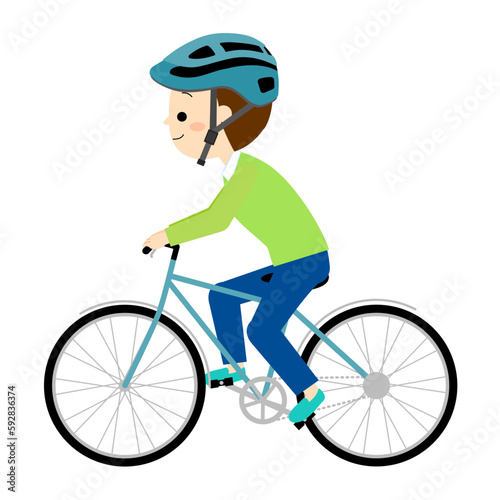 自転車用ヘルメットを被って自転車に乗る男性