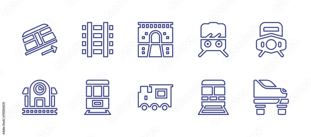 Railway line icon set. Editable stroke. Vector illustration. Containing funicular, tracks, tunnel, subway, locomotive, railroad, metro, train, high speed train.