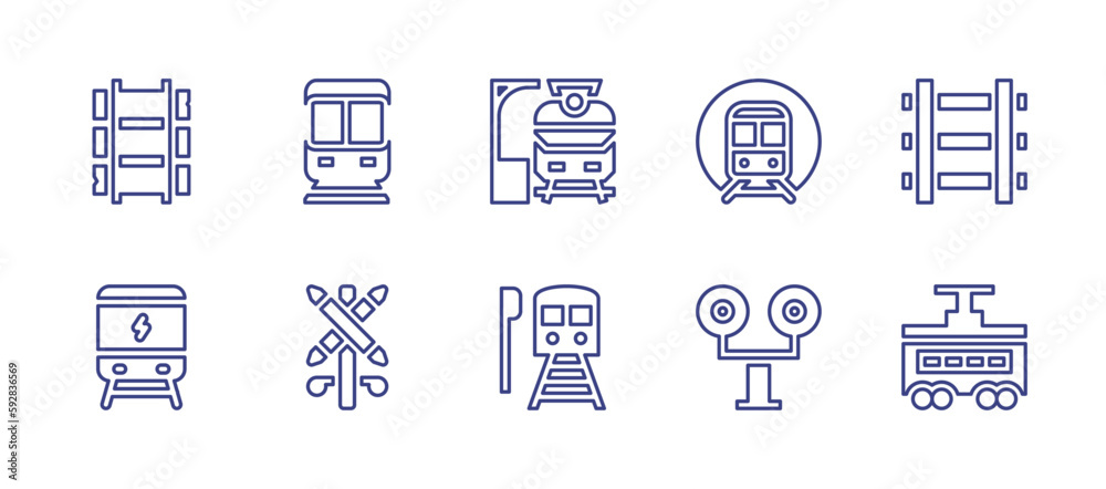 Railway line icon set. Editable stroke. Vector illustration. Containing train track, subway, train station, metro, railway, electric train, railroad crossing, train, traffic lights.