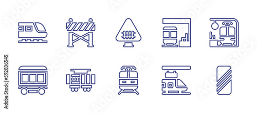 Railway line icon set. Editable stroke. Vector illustration. Containing train, barrier, railway, train station, platform, passenger train, railroad crossing.