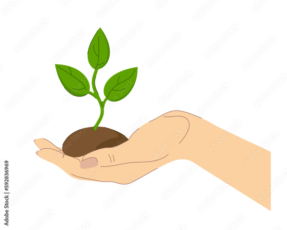 Man's hand with the sprout of the plant and the earth. Flat style. Man's hand with the sprout of the plant and the earth. Flat style.