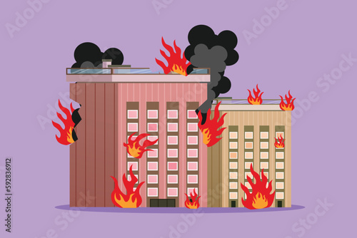Graphic flat design drawing burning office building logo, icon, label. Office building in flames. Insurance symbol from financial security, safety, damage, accident. Cartoon style vector illustration