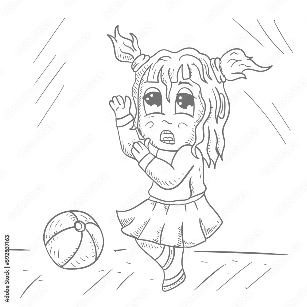 Fototapeta premium A funny little man Chibi in a skirt is standing next to the ball contour vector illustration in the style of a doodle