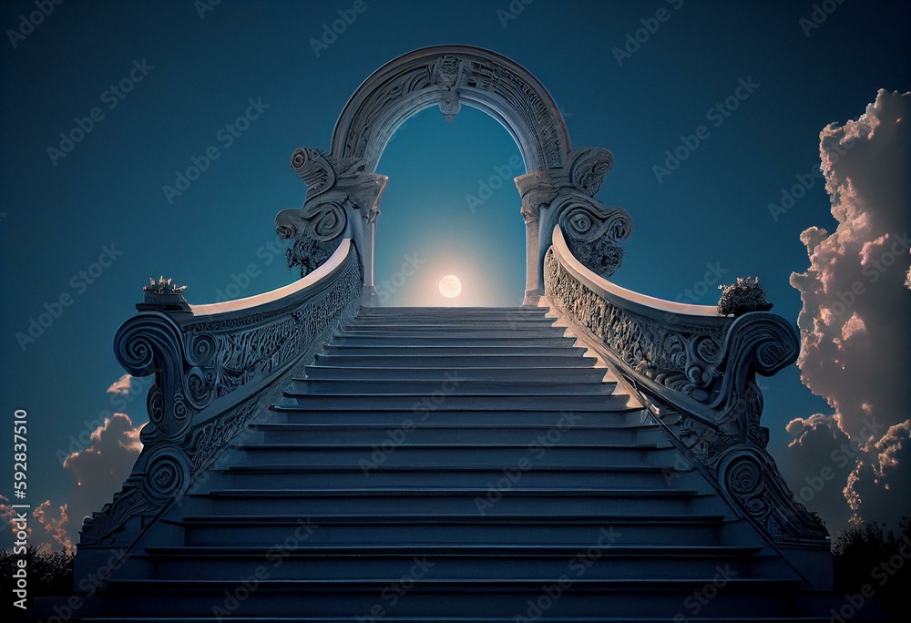 Fototapeta premium Stairway Leading Up To Heavenly Blue Sky Toward The Magic Light. Generative AI