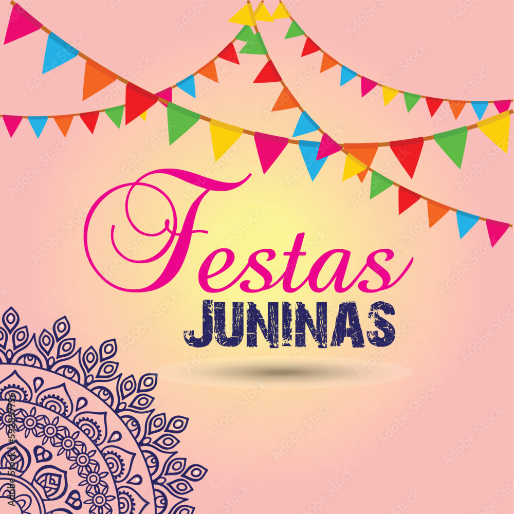 Festa Junina Illustration with Party Flags and Paper Lantern on Yellow Background. Vector Brazil June Festival Design for Greeting Card, Invitation, or Holiday Poster Idea