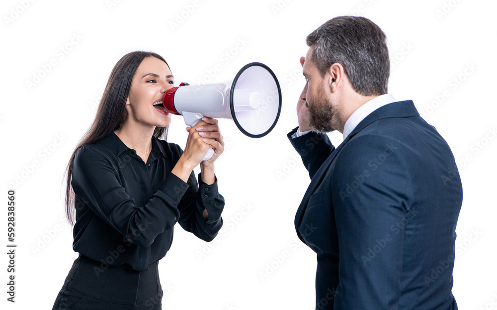 two businesspeople argue with loudspeaker. photo of businesspeople argue with loudspeaker. two businesspeople argue with loudspeaker. photo of businesspeople argue with loudspeaker.
