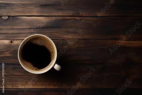 A cup of hot espresso coffee on the dark wooden table - Generative AI