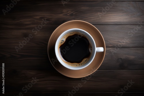 An isolated cup of hot espresso coffee on the dark wooden table - Generative AI