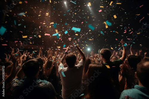 The crowd at the concert with colorful confetti. Generative AI. © hugo