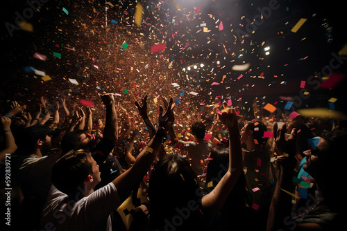 The crowd at the concert with colorful confetti. Generative AI.