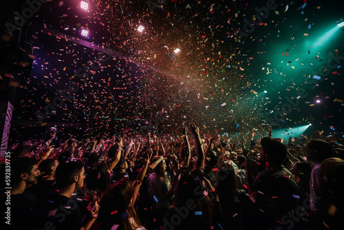The crowd at the concert with colorful confetti. Generative AI.