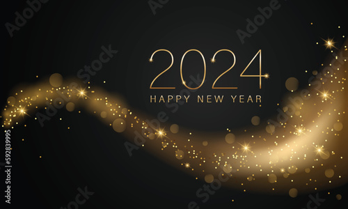 2024 New year with Abstract shiny color gold wave design element and glitter effect on dark background. For Calendar, poster design