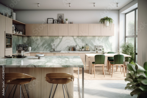 Minimalist kitchen interior with a sleek black countertop and wooden island, modern design for contemporary homes, AI Generative. © sorapop