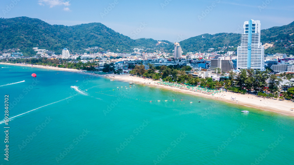 Amazing aerial view of Patong Beach and skyline on sunny day, Phuket, Thailand. (2023)