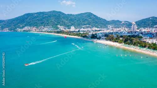 Amazing aerial view of Patong Beach and skyline on sunny day  Phuket  Thailand.  2023 