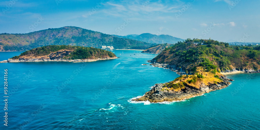 Beautiful landscape of sea and cape . Aerial panorama of the southernmost tip of the island of Phuket - Promthep Cape, Phuket, Thailand