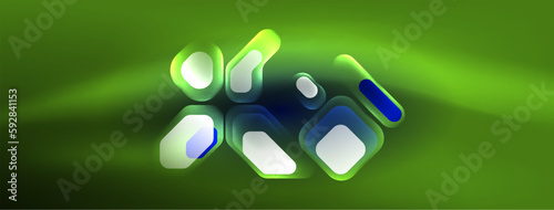 Glowing neon geometric elements abstract background. Neon light or laser show, electric impulse, power lines, techno quantum energy impulse, magic glowing dynamic lines