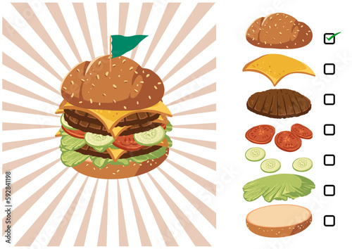 big burger, hamburger hand drawn vector illustration sketch retro style
