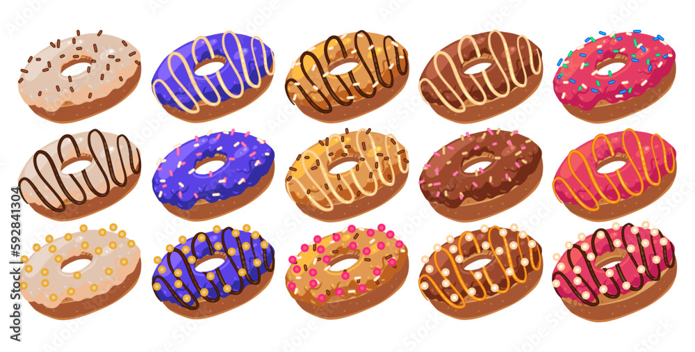 Set of cartoon colorful donuts isolated on white background. Top View ...