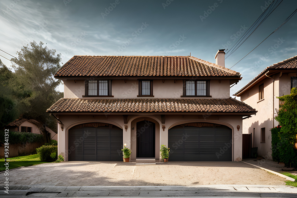 old house in the village with parking lot, generative ai