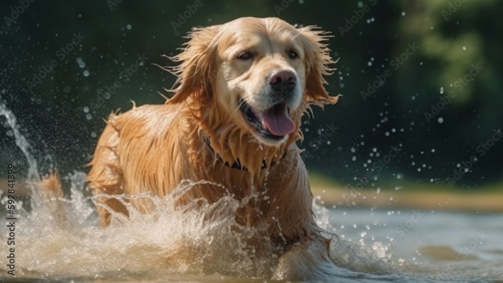 Golden retriever running and playing in a river. A playful dog with a happy face.