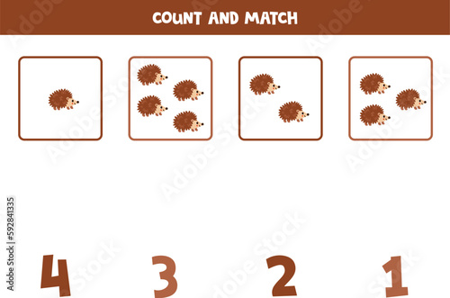 Counting game for kids. Count all cute hedgehogs and match with numbers. Worksheet for children.