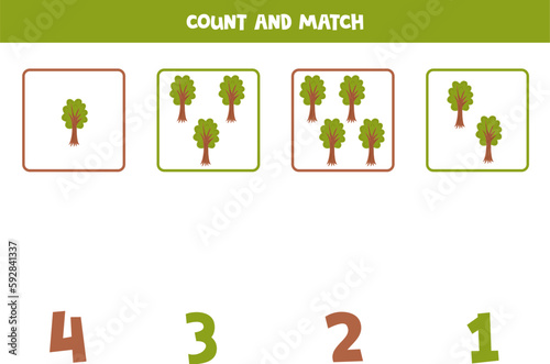 Counting game for kids. Count all green trees and match with numbers. Worksheet for children.