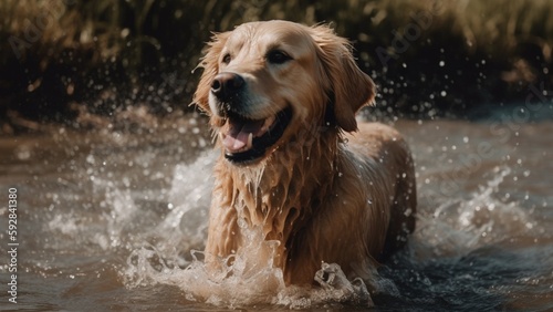 Golden retriever walking and playing in a river. A playful dog with a happy face.