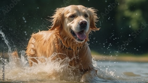 Golden retriever running and playing in a river. A playful dog with a happy face.