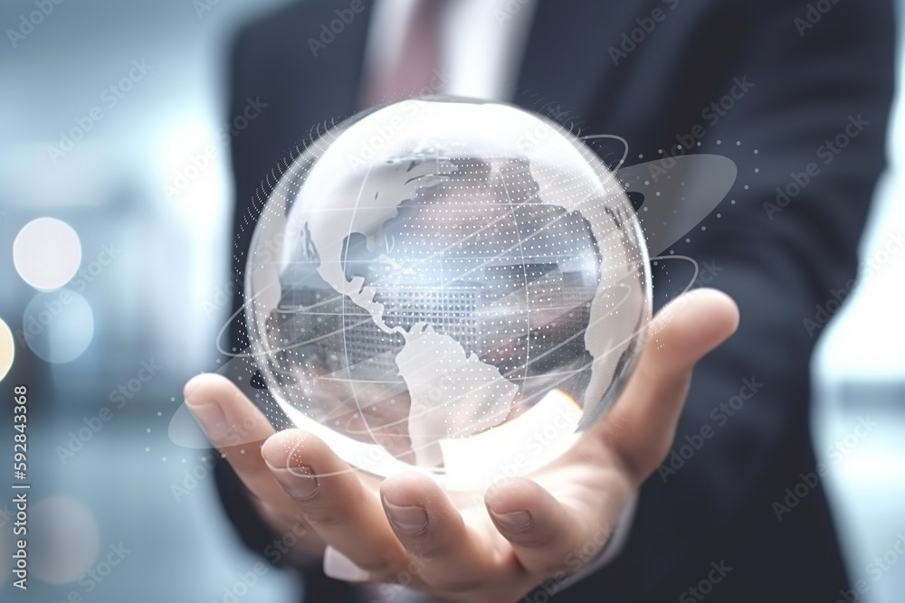 Businessman control the world. Global commercial on hand. Internet ecommerce business concept. GenerativeAI illustration Businessman control the world. Global commercial on hand. Internet ecommerce business concept. GenerativeAI illustration